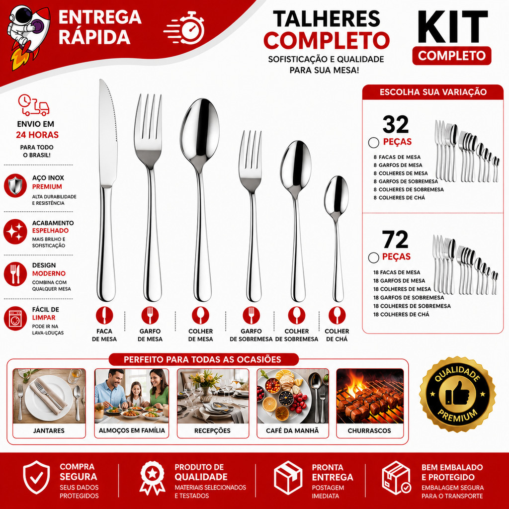 Faqueiro Completo 72 Talheres em Aço Inox Talheres para Refeições e Sobremesas Churrasco