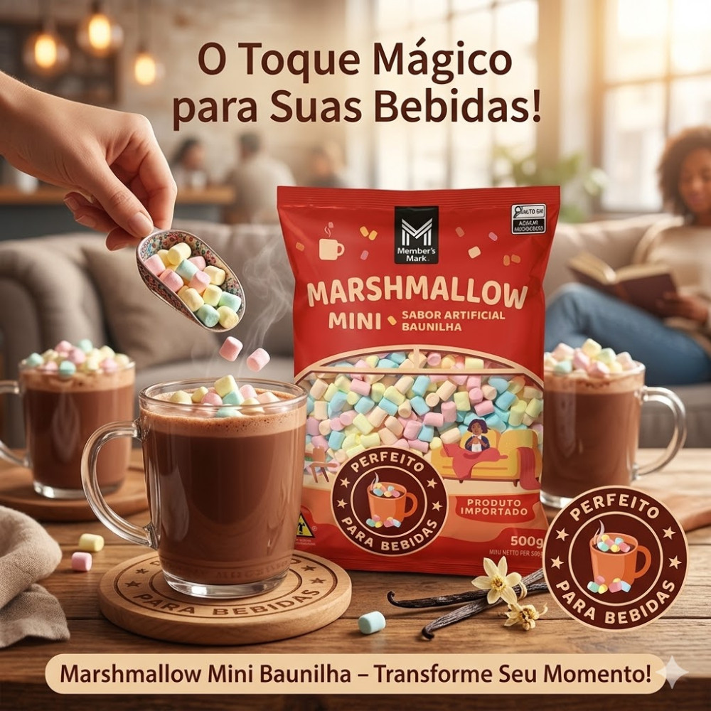 Marshmallow Mini Baunilha Member's Mark 500g Chocolate Quente, Café Gelado, Milk Shake, Sobremesas