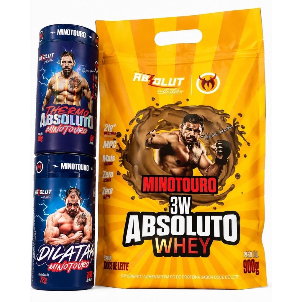 Kit 3W Absoluto Whey 900g Doce de Leite + Thermo 60 Cáps + Dilatar Minotouro 90 Cáps | Absolut