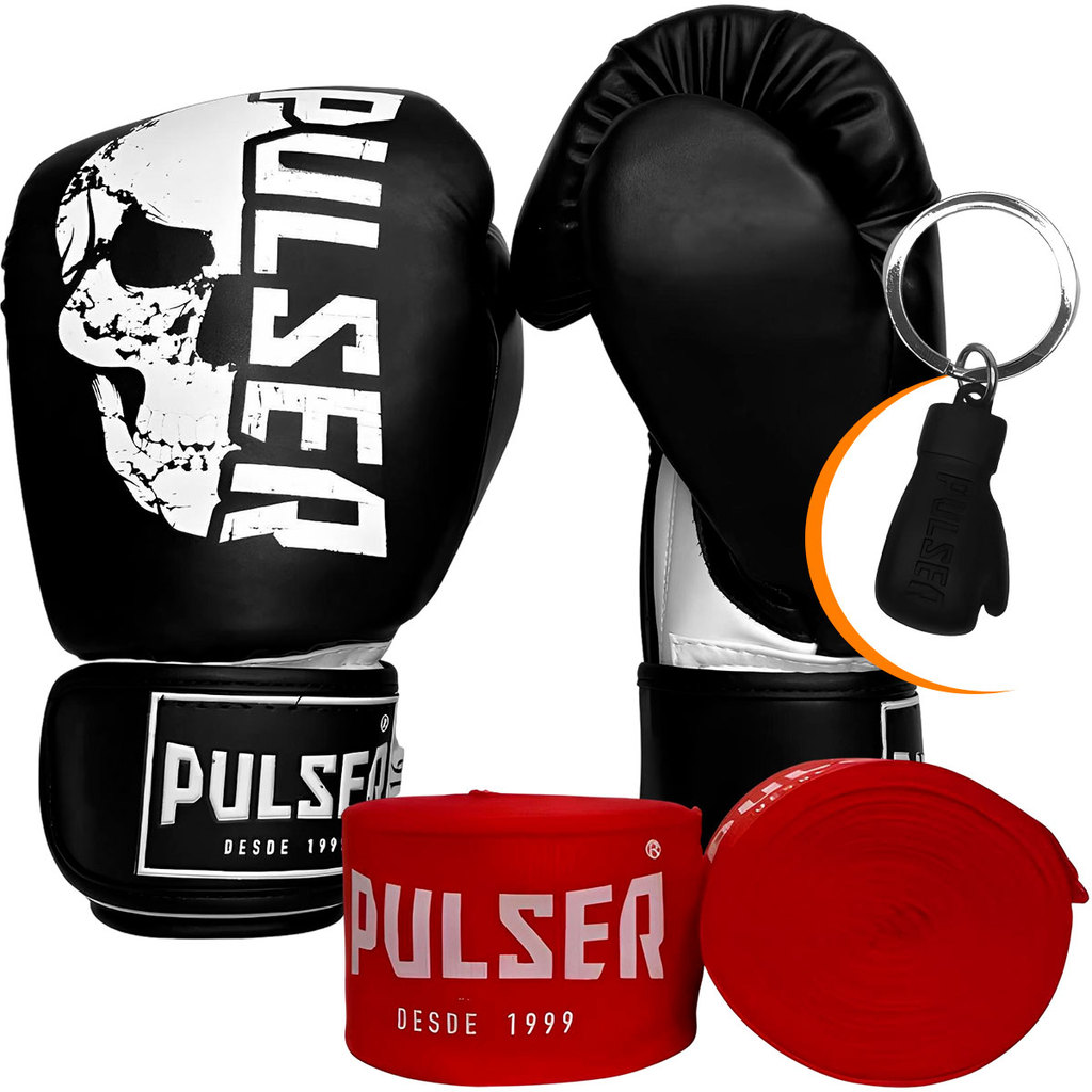 Luvas Boxe Adoma Caveira 12oz Pulser + Bandagem 3m Vermelha + Chaveiro Luva Pulser