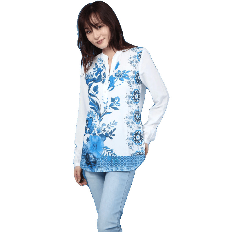 Primavera verão novos produtos espanhol único pintado à mão azul impresso com decote em V camisa branca de manga comprid