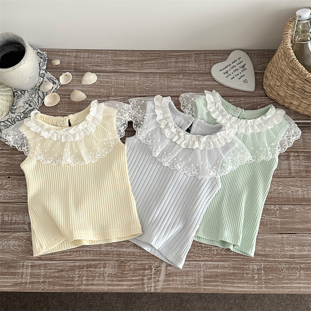 INS estilo verão infantil doce renda manga curta camiseta colete feminino bebê gaze gola de renda Pit Strip topo fino