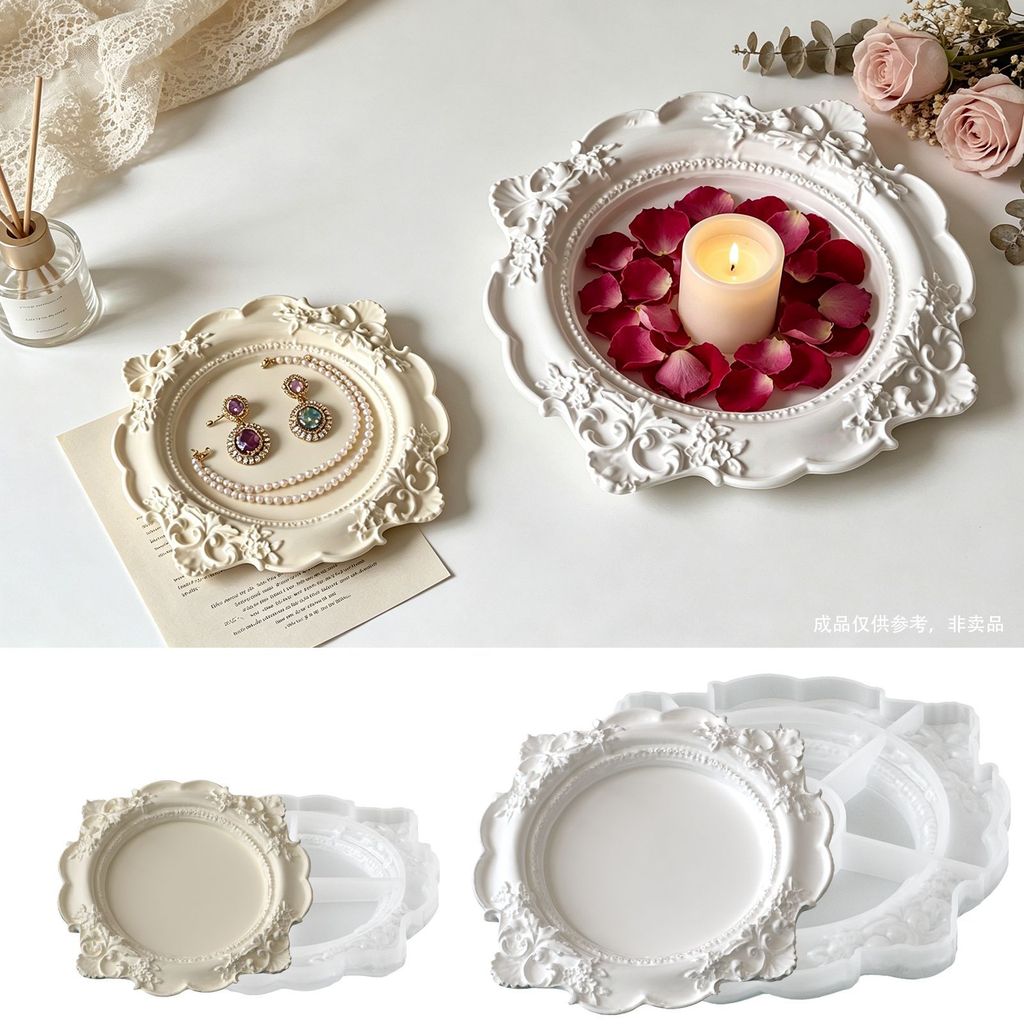 Molde De Bandeja De Silicone De Renda Floral Estilo Barroco-Design De Alívio Vintage Para Gesso Cimento Aroma Prato Supo