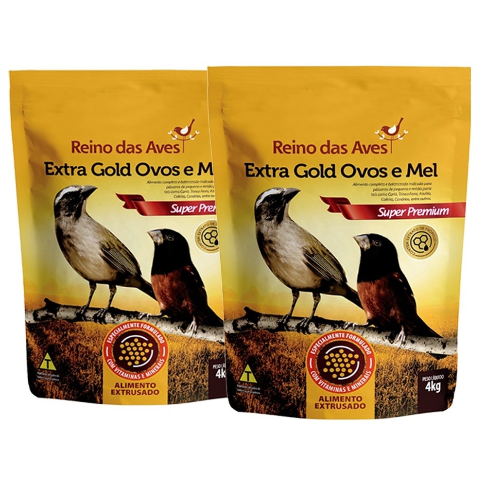Kit 2 Reino das Aves Extra Gold Ovos e Mel 4kg Alimento Completo Pássaros Curió Trinca-Ferro Azulão Canário
