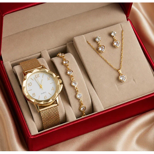 Relógio Feminino+ Kit Colar Brincos Pulseira Folheado A Ouro
