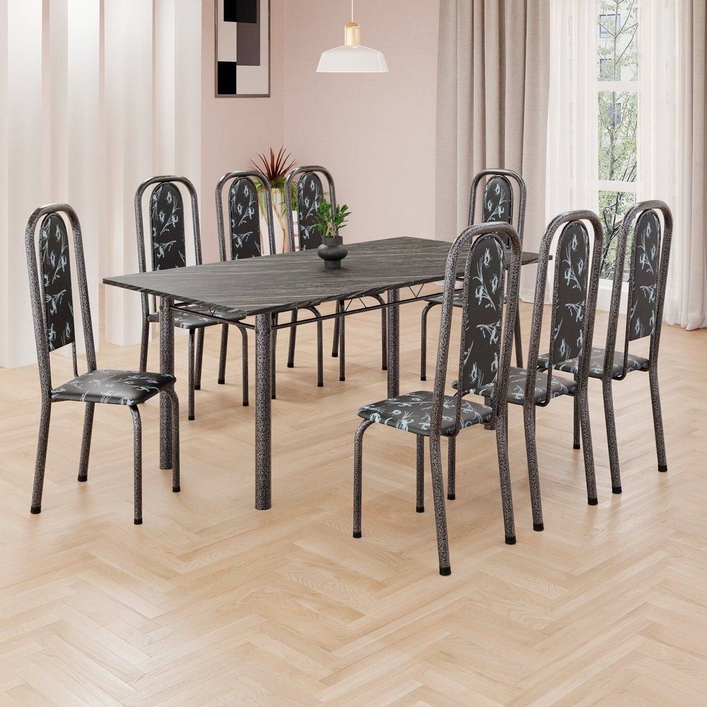 Conjunto de Mesa Retangular 180x75cm Tampo Ardósia Indiana 8 Cadeiras Lavínea Prata/Preto Floral/Mart Preto