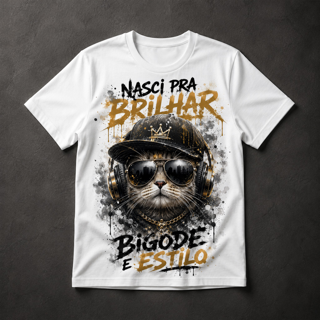Camiseta Masculina Gato Hip Hop Nasci Pra Brilhar Bigode Estilo Grafite Swag Urbano