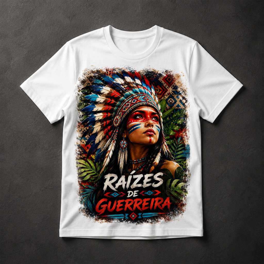 Camiseta Raízes de Guerreira Indígena Cocar Tribal Étnica Masculina Estampada Brasil