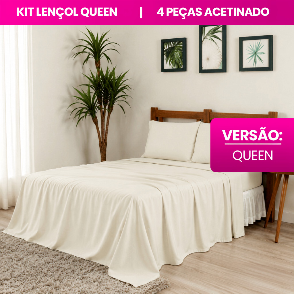 Kit Jogo de Lençol 4 Peças Queen Com Elástico Micropercal Acetinado Ponto Palito 400 Fios Varias Cores Para Cama Grande