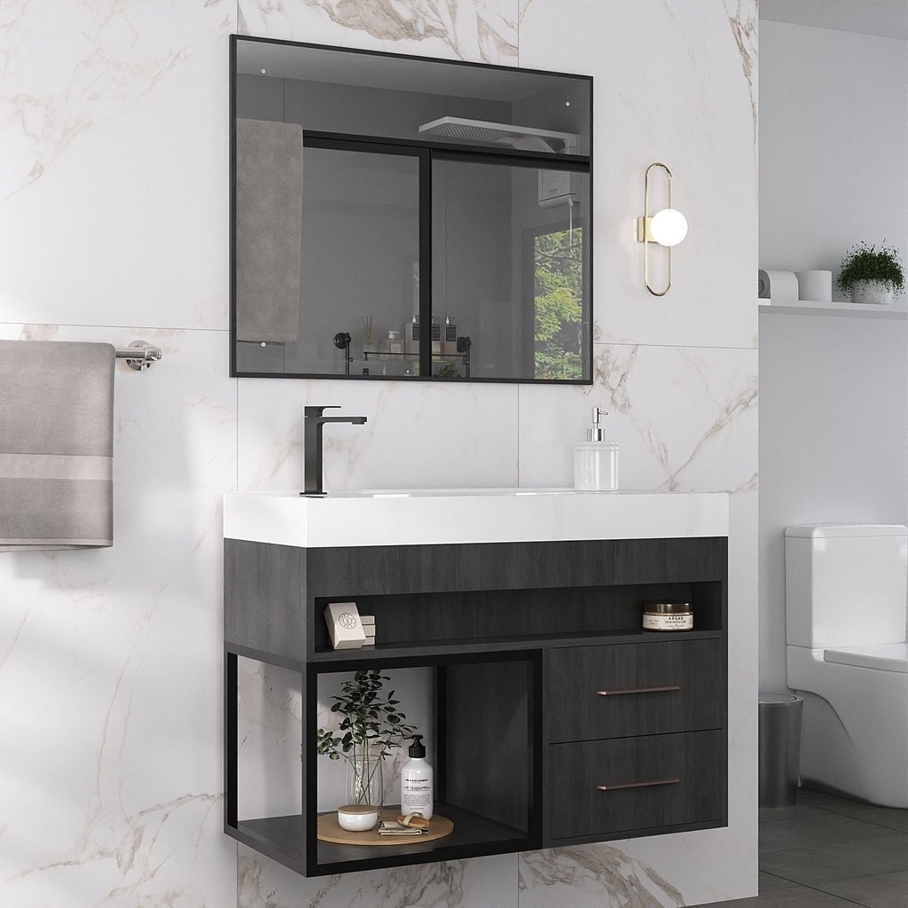 Conjunto Gabinete para Banheiro com Espelheira New 80 Preto/Carbono Carbono