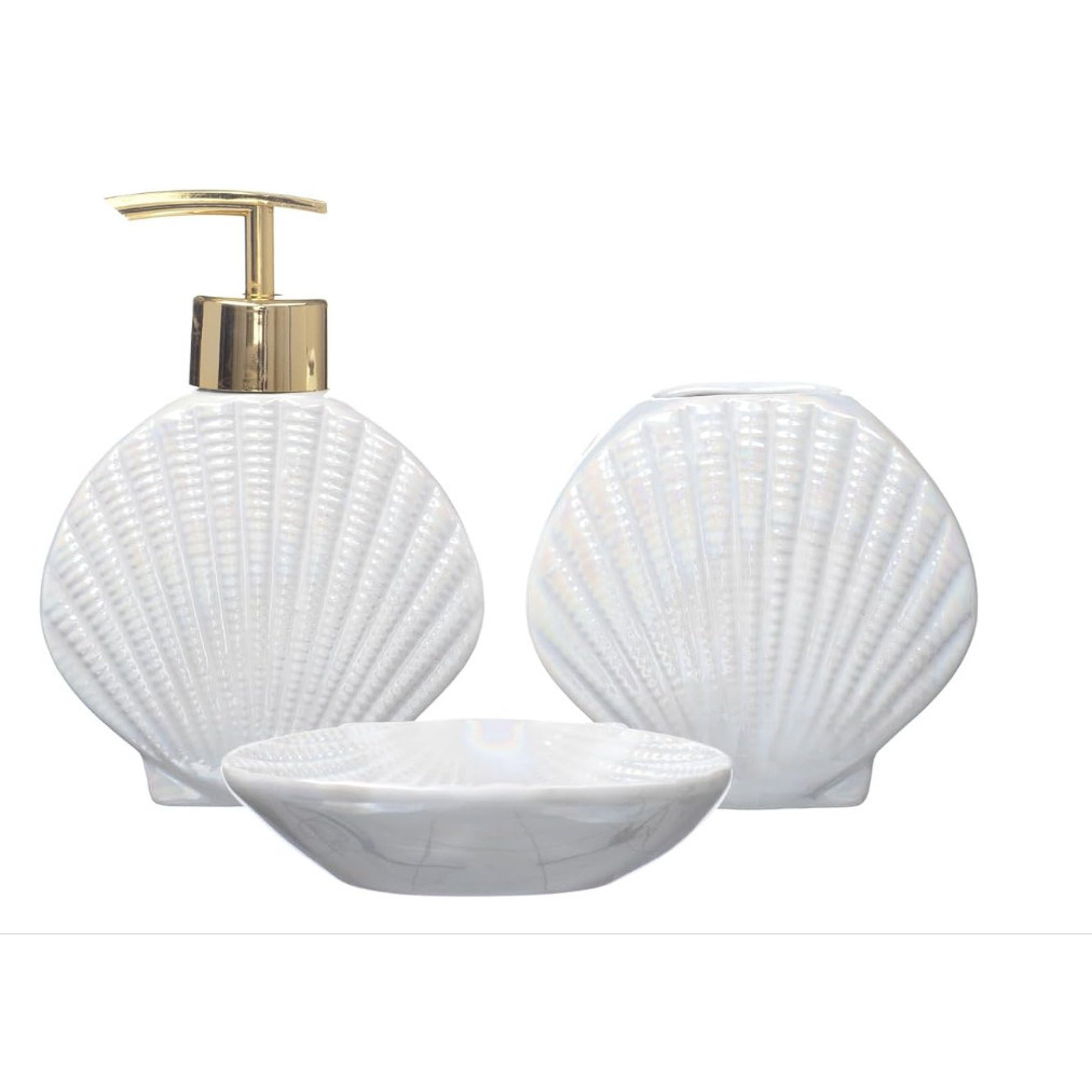 Kit Banheiro Lavabo 3 Peças Fundo do Mar Porta Sabonete Líquido Decorativo