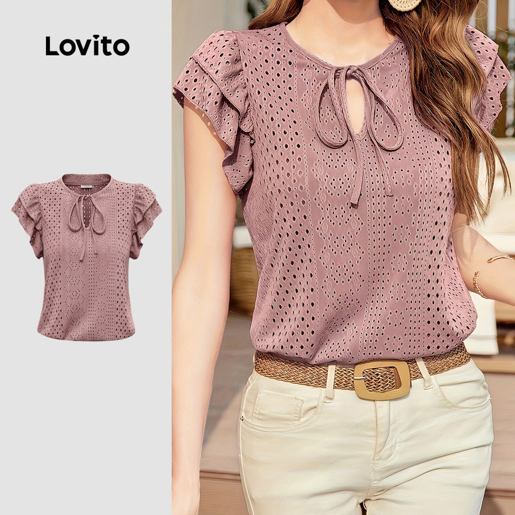 Lovito Blusa Casual Cinza Rosa com Amarração Frontal de Duas Camadas para mulher