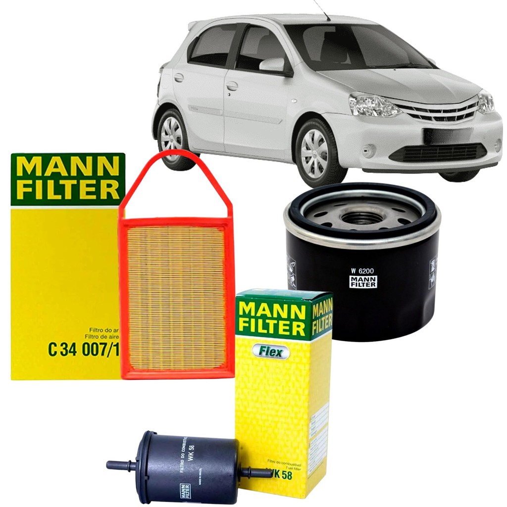 Kit Revisão 3 Filtros para Toyota Etios - 1.3 / 1.5 - 2012 a 2015 (Mann C34007/1 + W6200 + WK58)
