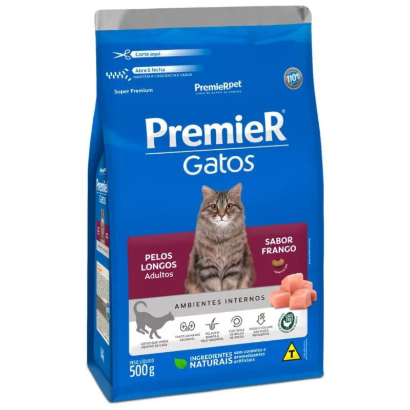 Ração PremieR Ambientes Internos gatos pelos longos adultos frango 500gr em Oferta na Shopee
