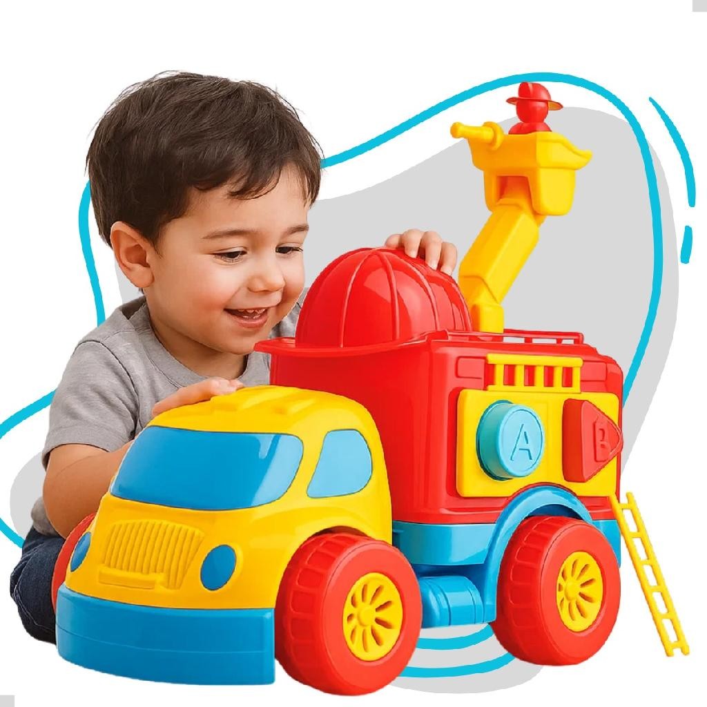 Caminhão Brinquedo Bombeiro Peça Encaixe Gira Escada Bolinhas 
