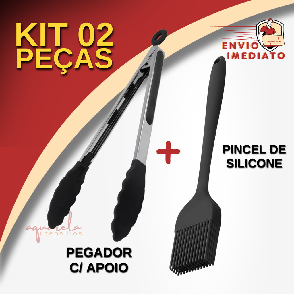 Kit 2 pçs Pinça Pegador + Pincel Culinário Silicone para Cozinha Pegar Saladas, Carnes, Pincel para Untar
