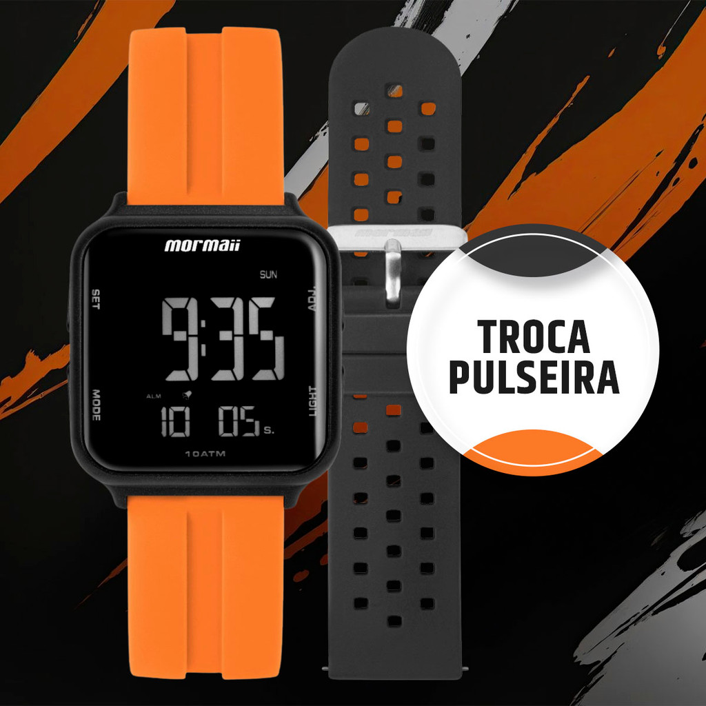 Relógio Digital Masculino e Feminino Unisex Troca a Pulseira Kit com 2 Pulseiras Preto e Laranja Mormaii Original