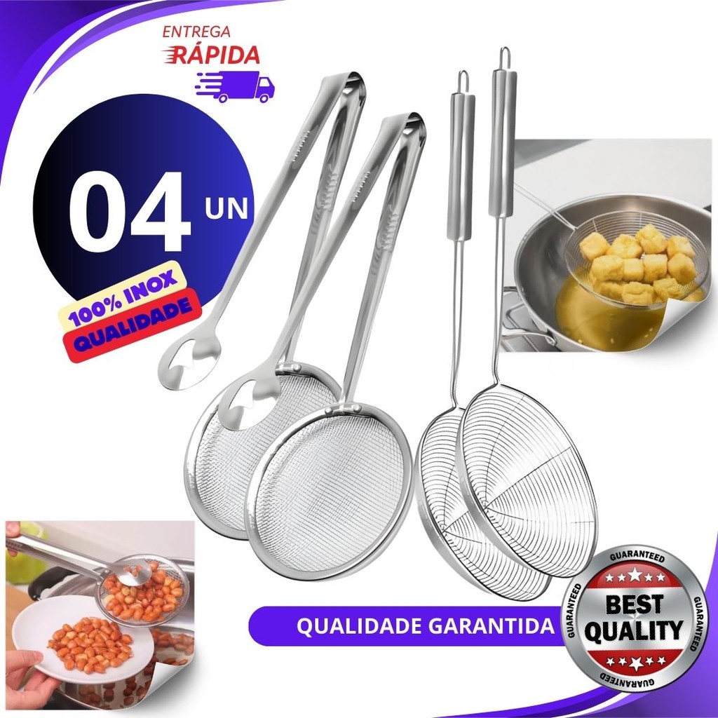 Jogo4, 3 ou 2un Escumadeira Pescadora Fritura C/pegador Em Inox 2 Em 1 Variáveis Utilidades Premium