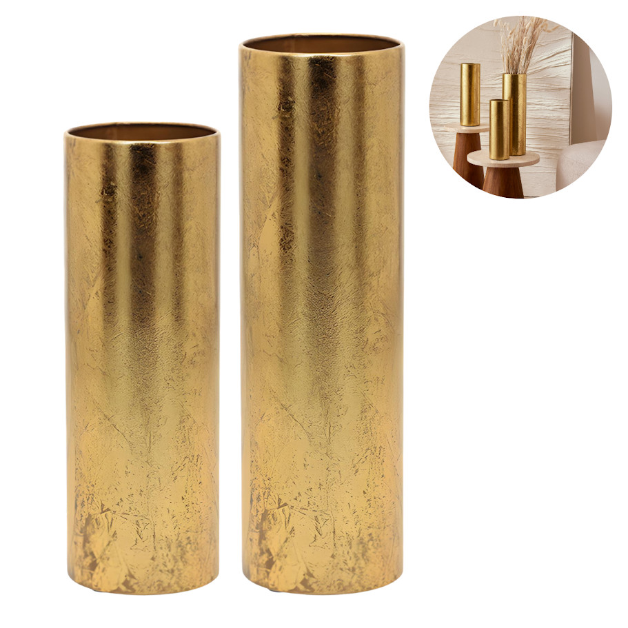 Kit 2 Vasos Decorativos Dourados Em Metal Vintage Grande Para Mesa Sala Estar Decoração