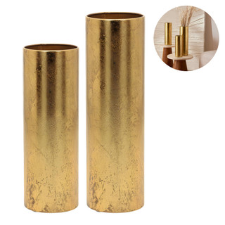 Kit 2 Vasos Decorativos Dourados Em Metal Vintage Grande Para Mesa Sala Estar Decoração