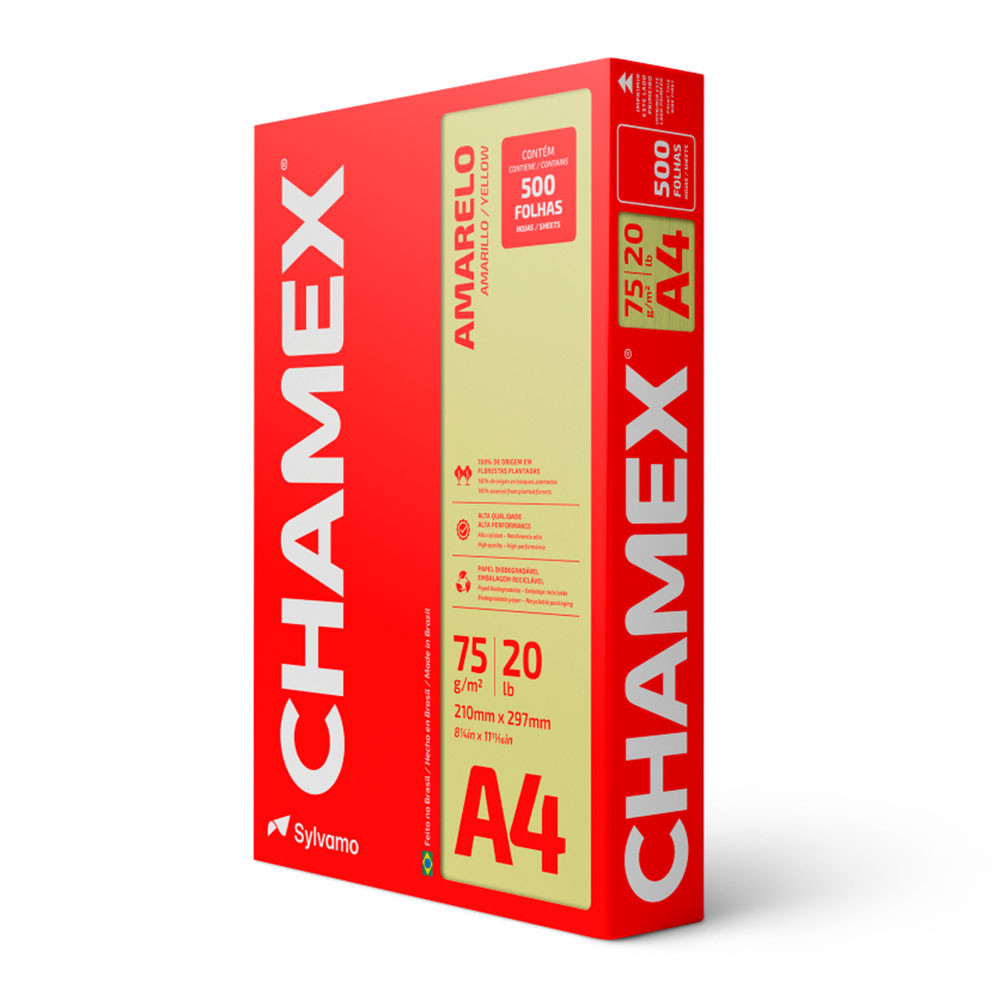 Papel sulfite A4 75g Amarelo 210x297 com 500 folhas Colors Chamex em Oferta na Shopee