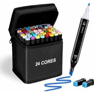 Kit Canetinha Colorida 24 Cores Canetinhas Hidrográficas com Ponta Dupla Fina e Brush para Colorir Pintar Desenhar 