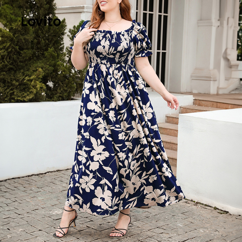 Detalhes do Lovito Plus Size Vestido Boho Floral Primavera Verão Azul Marinho Feminino LNE1032X055