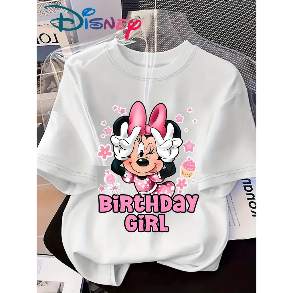 Camiseta Feminina Casual Plus Size De Algodão Com Estampa Fofa De Aniversário Da Minnie Mouse