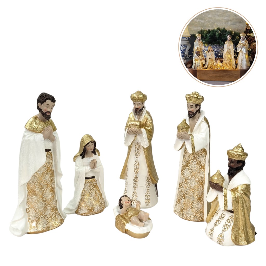 Presépio Branco E Dourado Natal 6pc Resina 23cm Decor Luxo