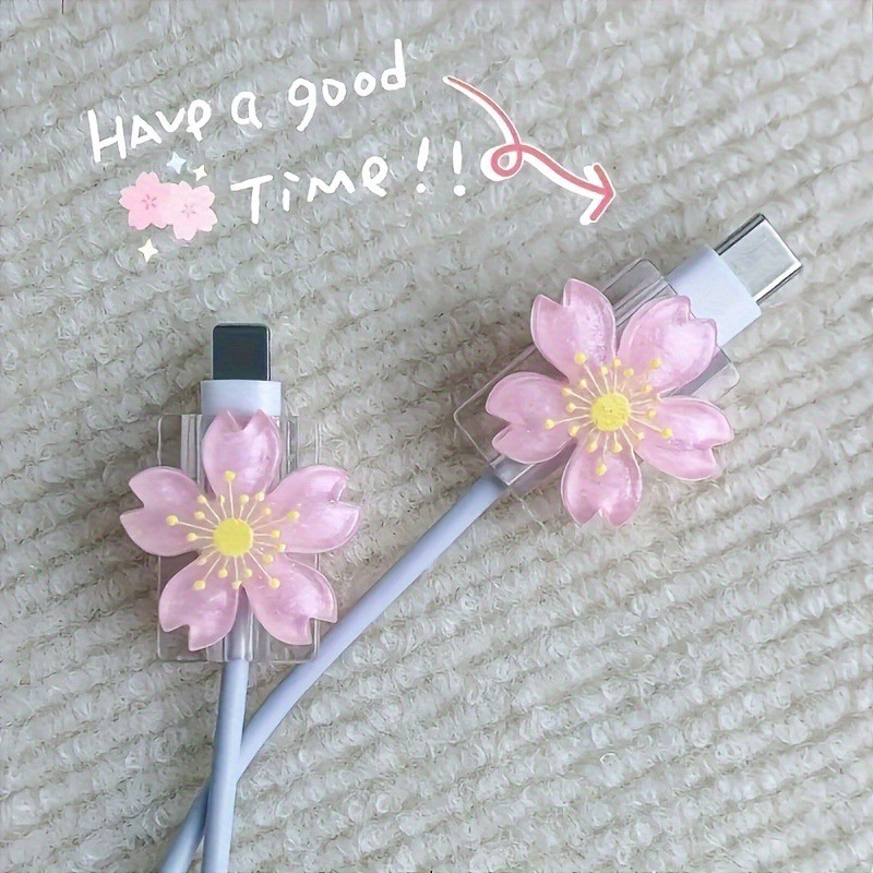 2 Pçs Protetor De Cabo Dos Desenhos Animados Flores Bonitos Carregador USB Organizador Linha Dados Enrolador Para iPhone