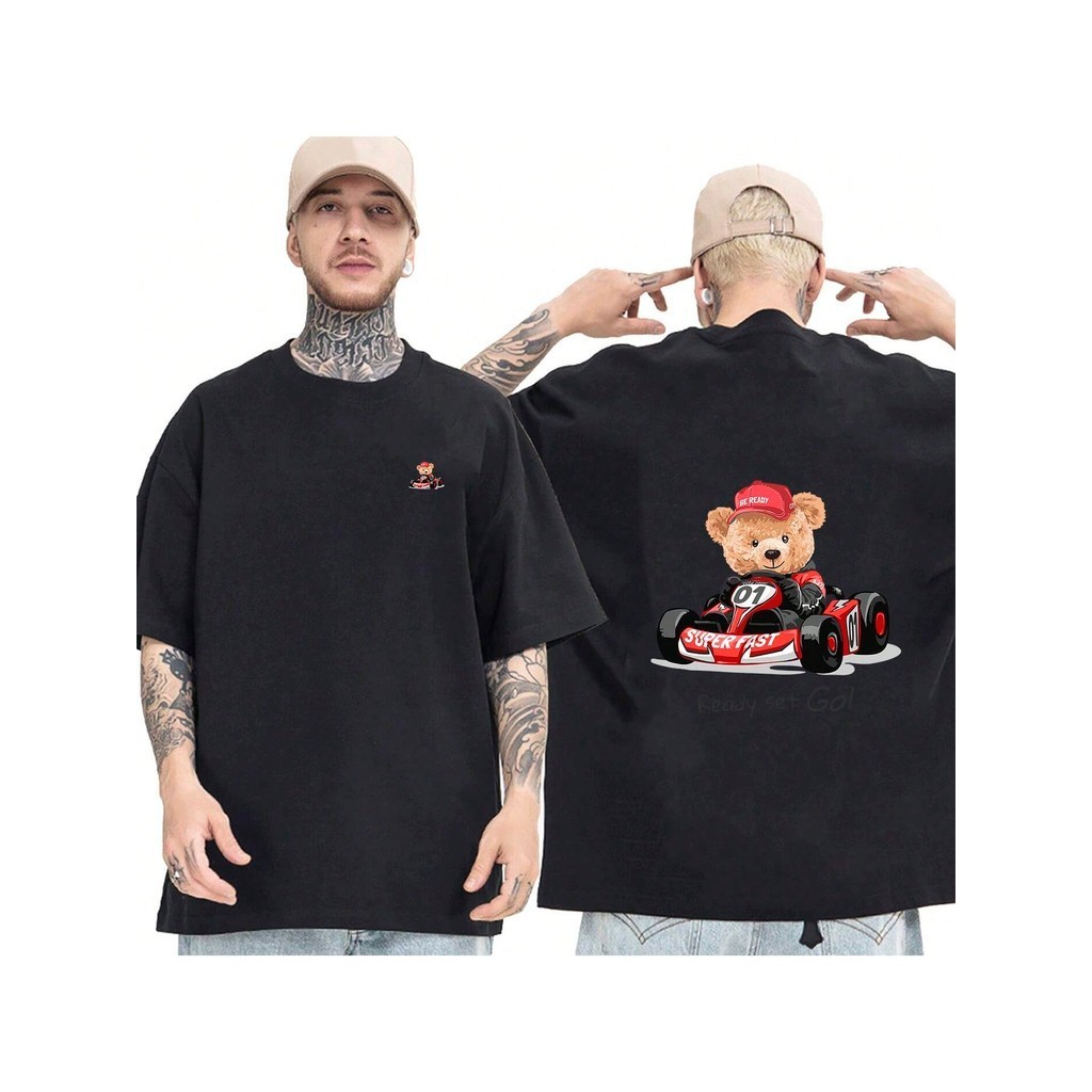 Camiseta OVERSIZED Preta StreetWear Gola em Ribanna Alta Plus Size Modelo: "BEAR CART" ! !