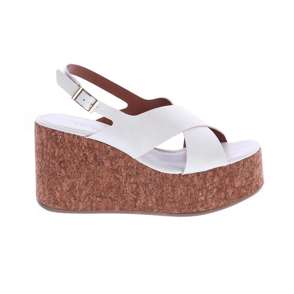 Karina - Sandália Plataforma Anabela Tiras Cruzadas Off White