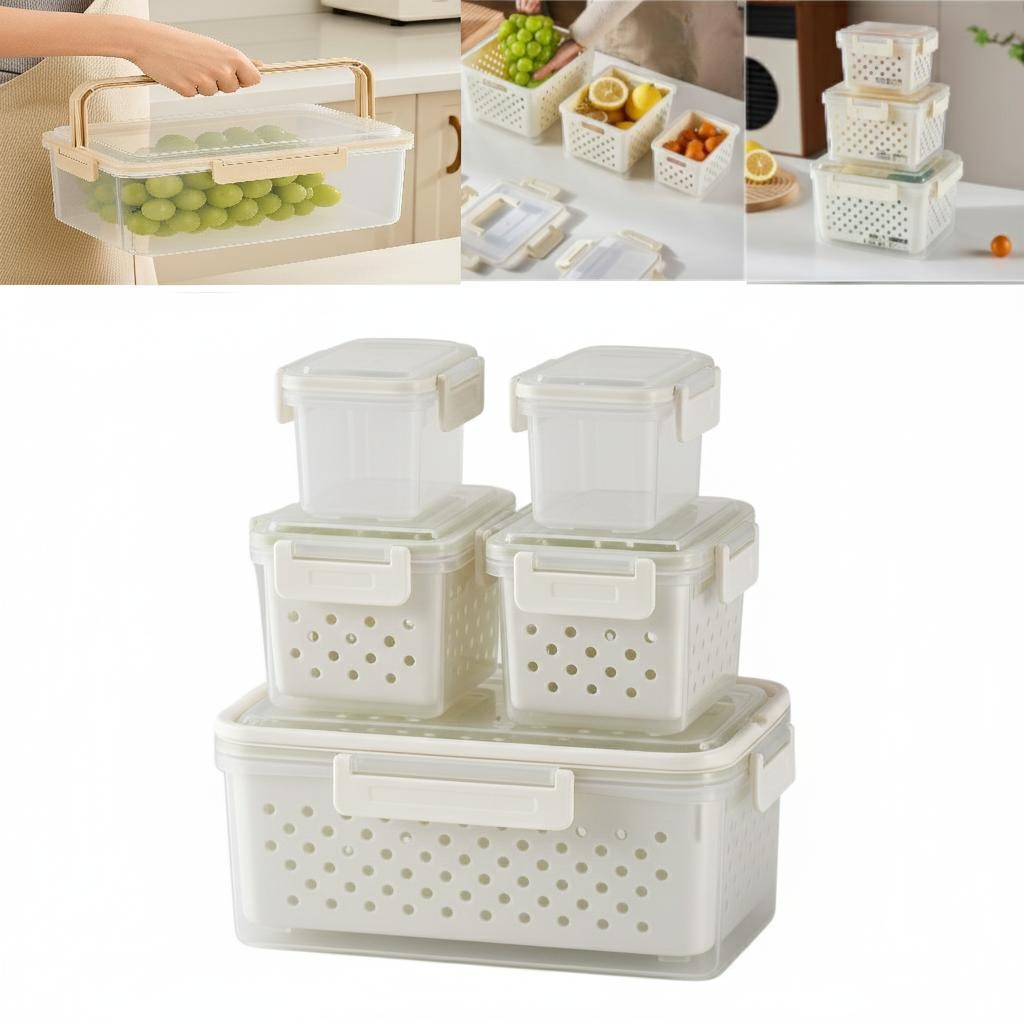 Kit 5 Potes Herméticos Organizador Geladeira Escorredor Marmita Tampa Trava Legumes Frutas Verduras