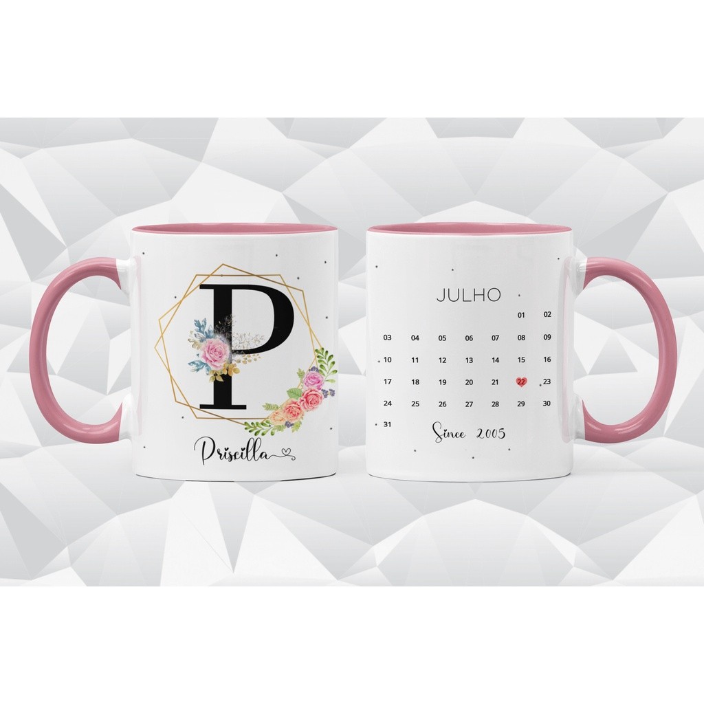 Caneca personalizada flora inicial e data, caneca personalizada colorida, caneca personalizada seu nome