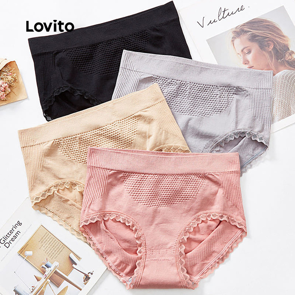 Lovito Pack com 4 Calcinhas Tipo Colmeia Cintura Média, Respirável e Levantamento de Bumbum LNA15003 em Oferta na Shopee