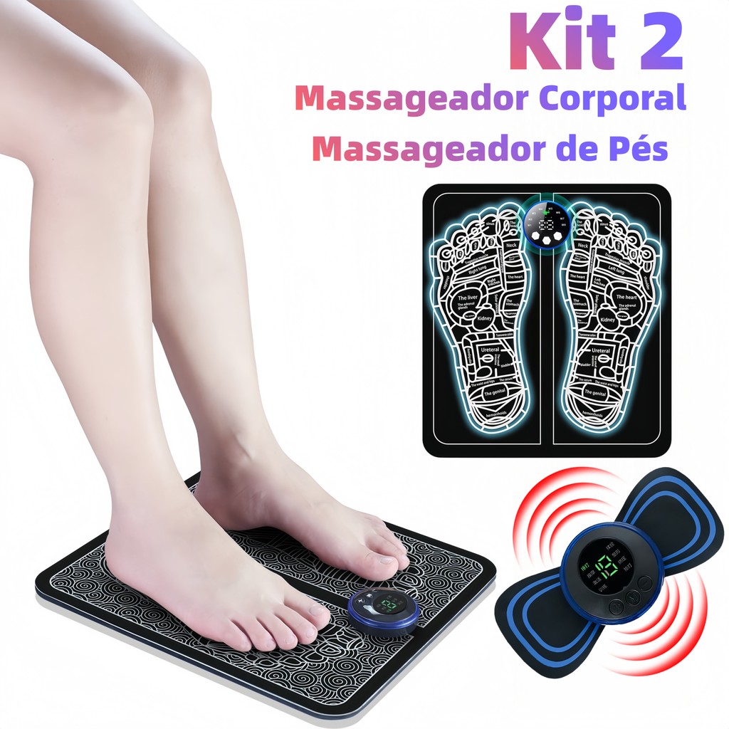 Kit de Massageador Corporal Elétrico Portátil Recarregável EMS + Tapete Massageador de Pés