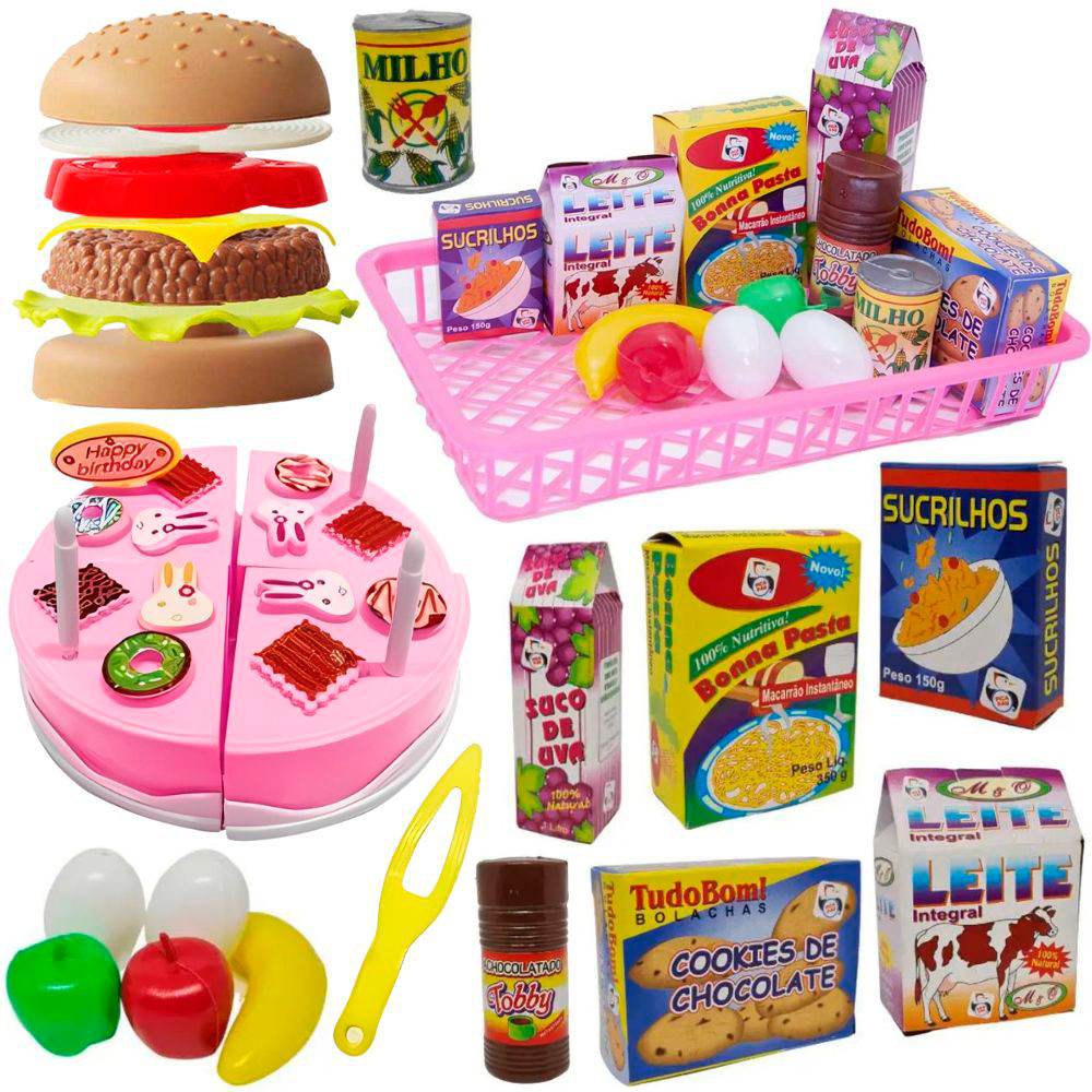 Kit Infantil Comidinhas 29 Peças Brinquedo Educativo com Bolo Mercadinho Hamburguer e Acessórios