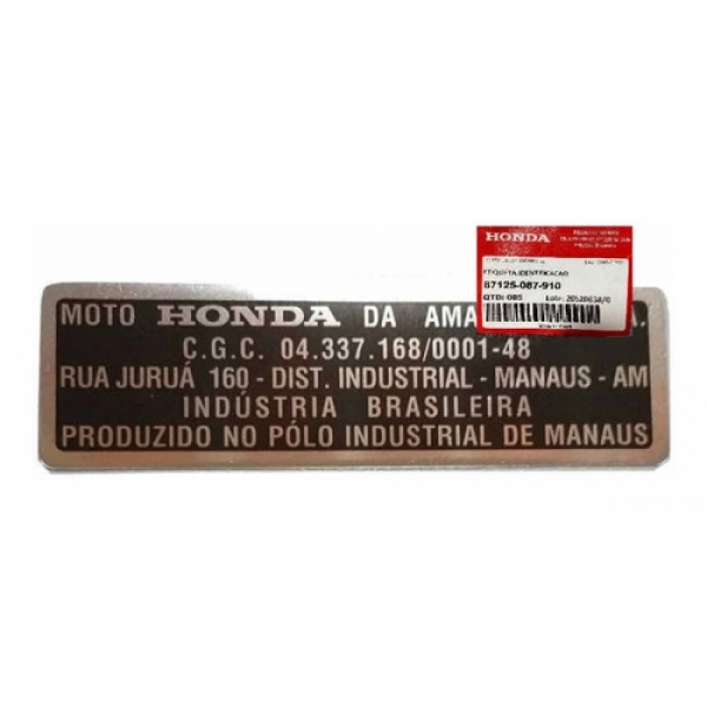 Adesivo Etiqueta Identificação Chassi Moto Xr 250 Tornado Nx 400 Falcon Original Honda