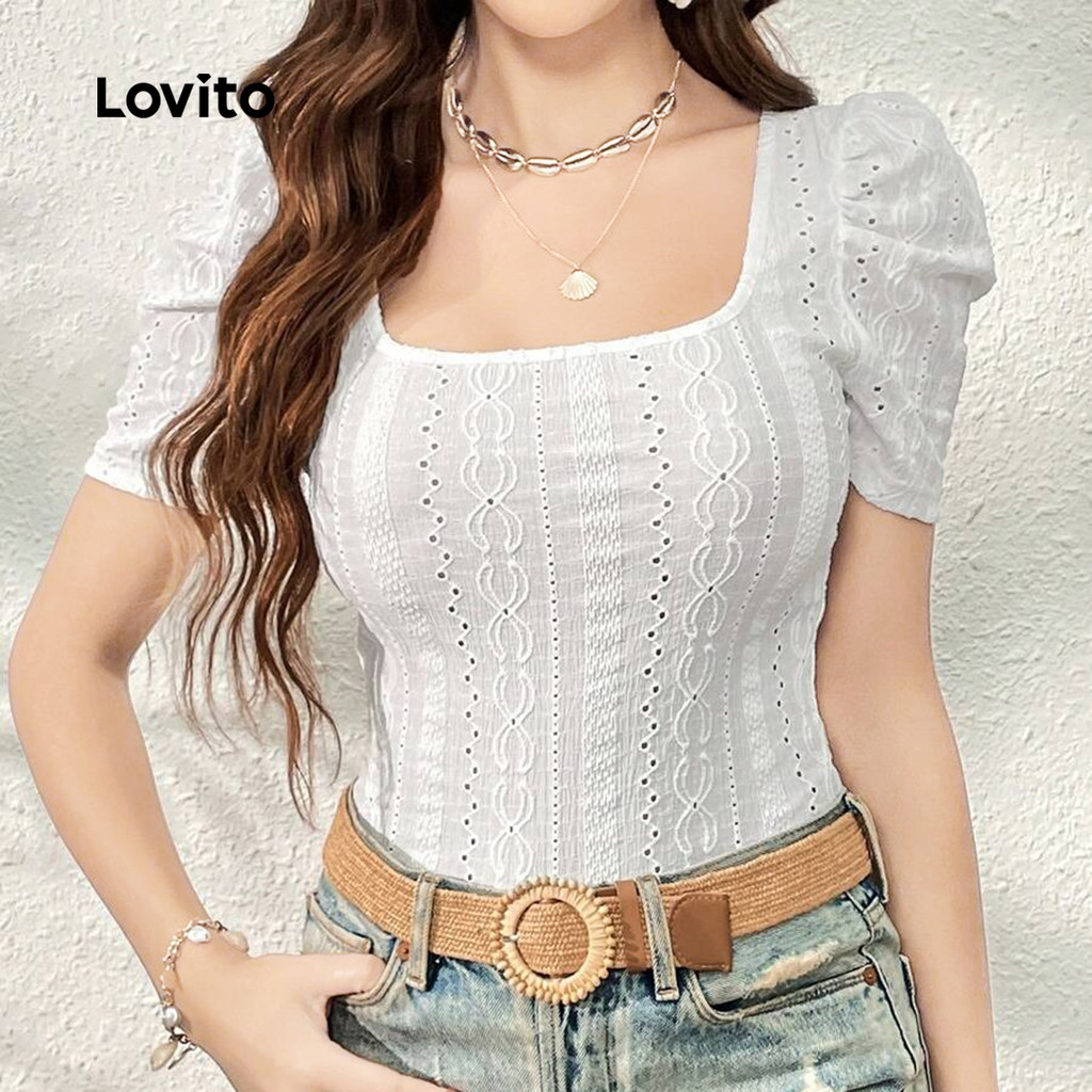 Detalhes do Lovito Camisa Casual de Tecido Pregueado para Primavera/verão Blusa Branca para Mulheres L150AD1635