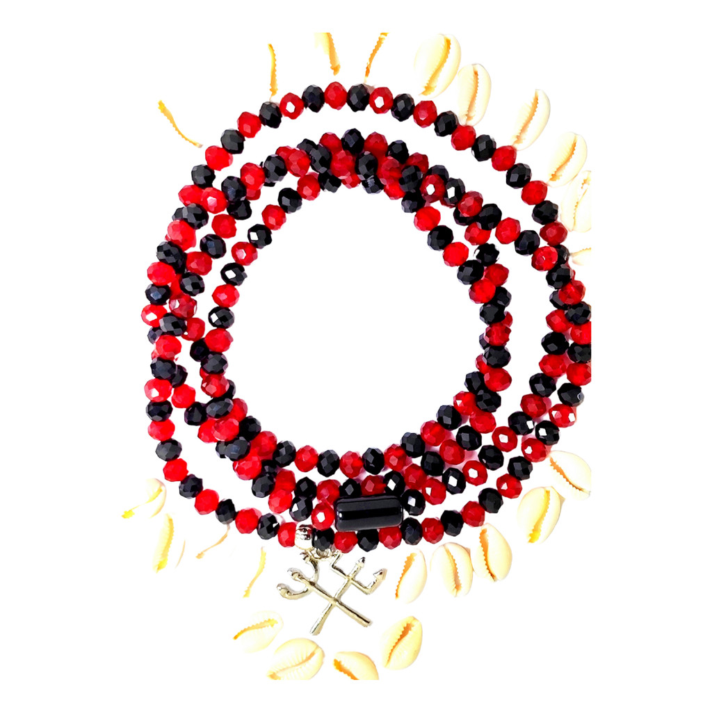 Guia De Esquerda Exu Pomba Gira Cristal 8mm Cordonê Preto E Vermelho Tridente Cruzado Firma Umbanda