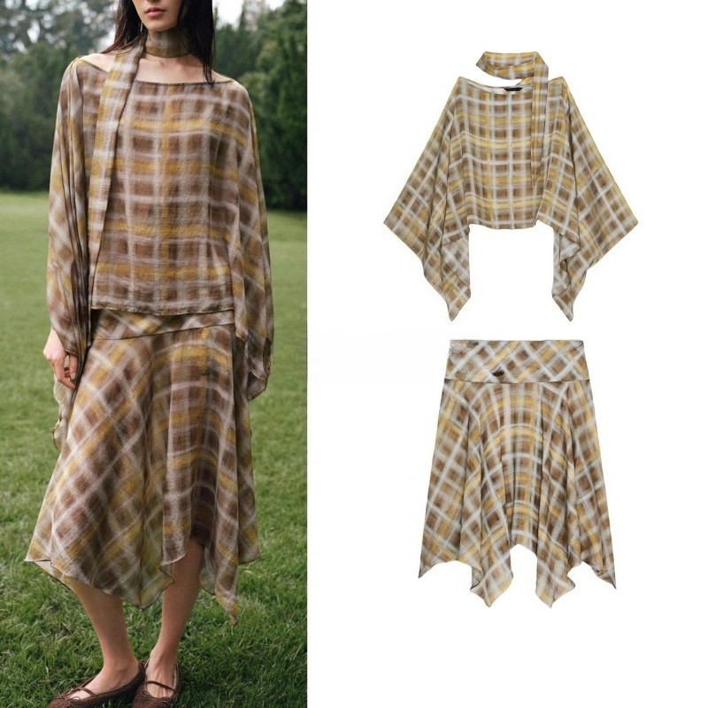 2025 Outono Novo Estilo Top Xadrez Feminino2010819 Saia Flauta Ventilador6929515 Conjunto de conjunto de conjunto