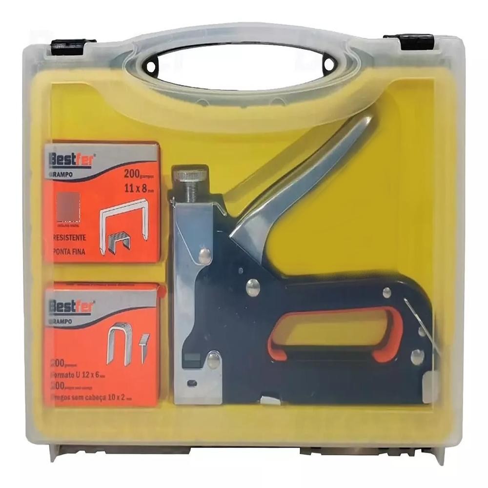 Kit Grampeador Pinador Tapeceiro Maleta Completo Profissional 4 A 14Mm 300 Grampos Estofado Madeira