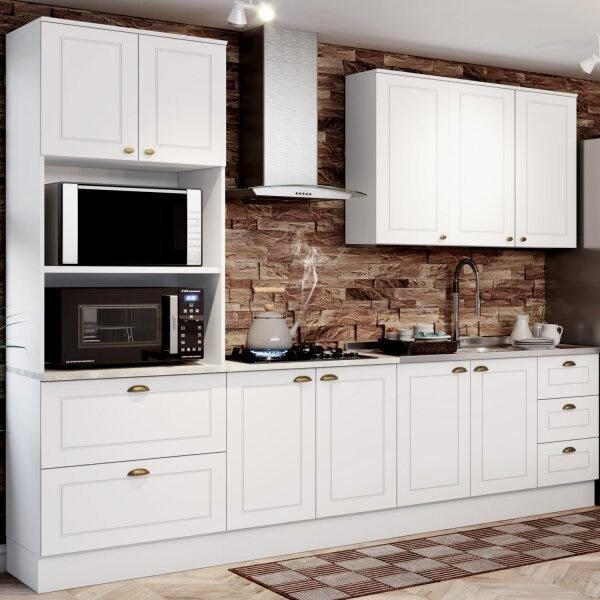 Cozinha Completa Modulada 4 Peças com Aéreo Emily Branco/HP/Calcare Branco HP/Calcare