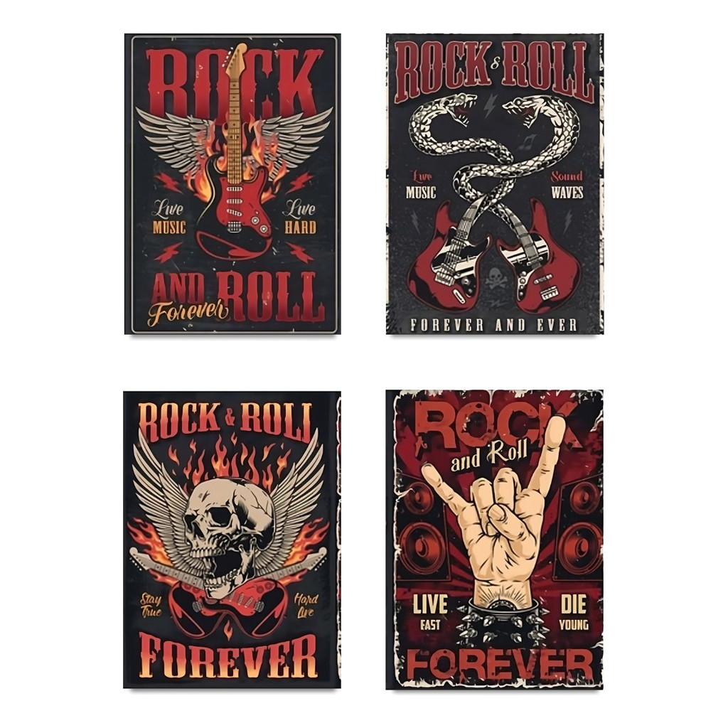Kit 4 Placas Rock And Roll Metal Punk Guitarra Caveira Vintage Show Musica Quadro Decorativo Poster