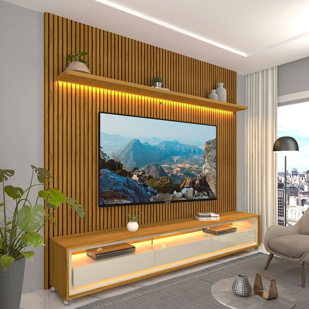 Rack com Painel Ripado Impressão Ripada para TV até 90 Polegadas com LED com Rodízios Requinte 220cm 100% MDF em Oferta na Shopee