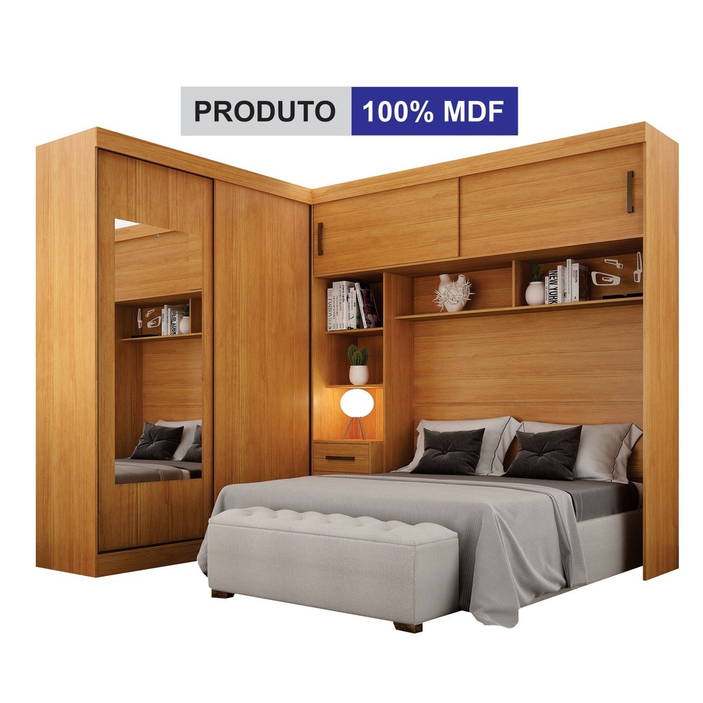 Guarda-Roupa Casal com Cabeceira Queen e Espelho 4 Portas de Correr 3 Gavetas Florença Espresso Móve Canela em Oferta na Shopee