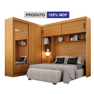 Guarda-Roupa Casal com Cabeceira Queen e Espelho 4 Portas de Correr 3 Gavetas Florença Espresso Móve Canela em Oferta na Shopee