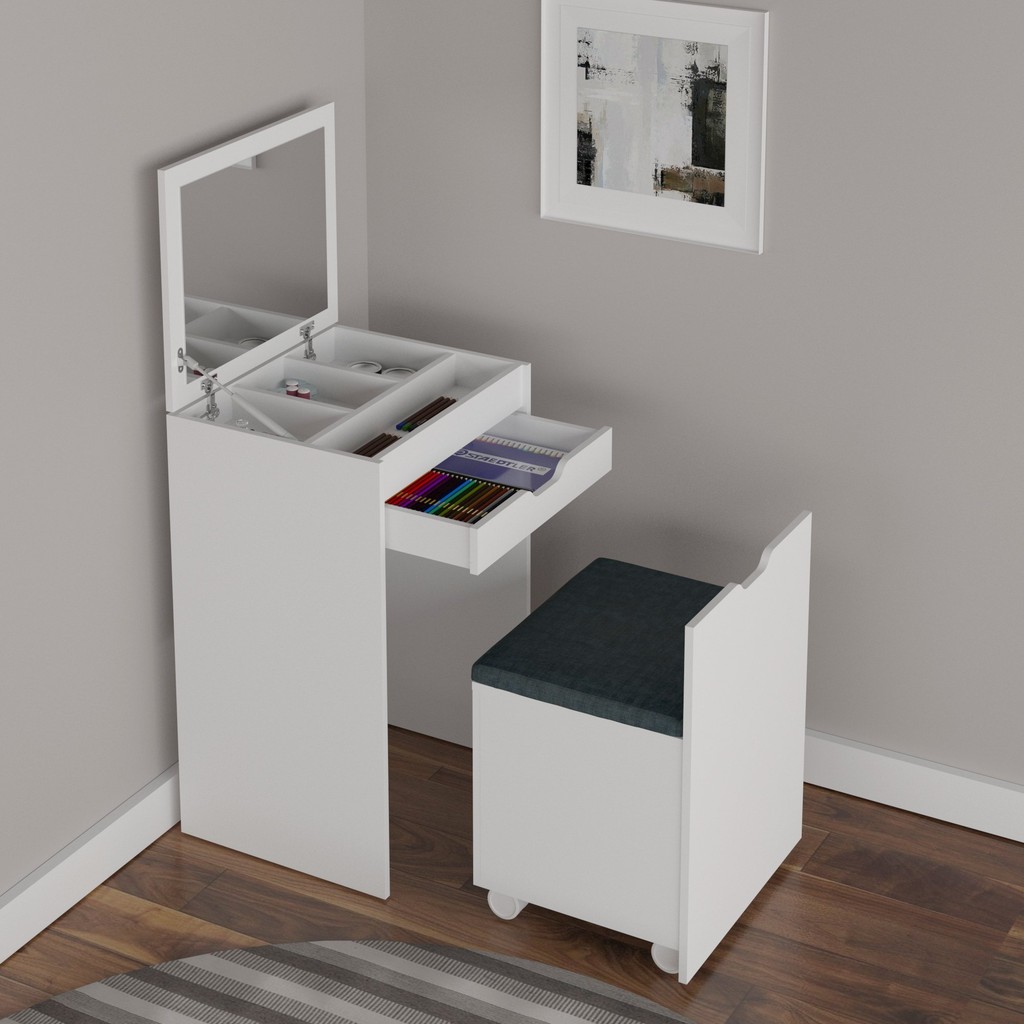 Penteadeira Compacta com Espelho e Baú Pe2007  Branco/Floral Marrocos em Oferta na Shopee