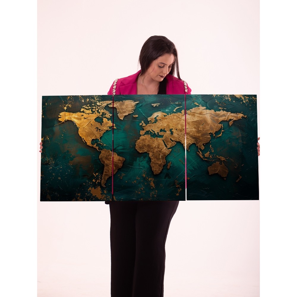 Quadro Mapa Mundi Decorativo 3 Peças Parede Sala Escritório Luxo Dourado e Azul Texturizado