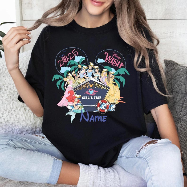 Camiseta Casual Feminina De Algodão Com Estampa Das Princesas Disney E Do Cruzeiro Disney Wish